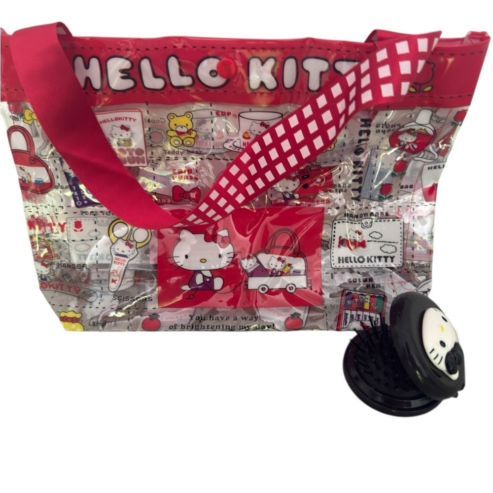 Hello Kitty Transparent Tote Bag with Red Accents and a Hello Kitty Travel Brush
